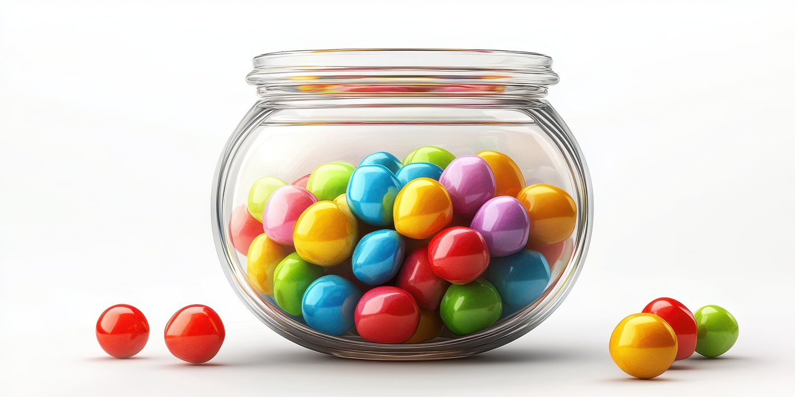 Colorful gumballs in a transparent jar with scattered pieces on a white surface